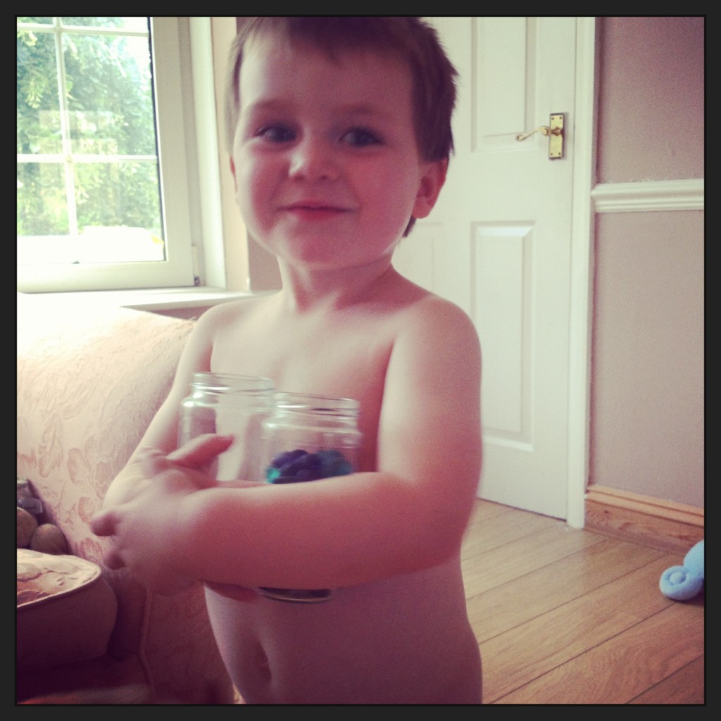 Reuben holding his jars when he had just moved his last marble across and knew he was going to get Mack!