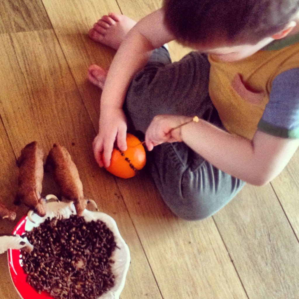 Making pomanders. Obviously the cows enjoyed helping (eating the cloves) too!
