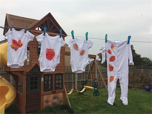 Leaf printing bodysuits via Toby & Roo :: daily inspiration for stylish parents and their kids.